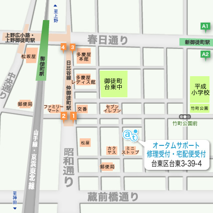 サポート事業部の周辺地図画像です。：近隣駅は仲御徒町駅です。